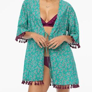 Teal Floral Kimono with Tassels